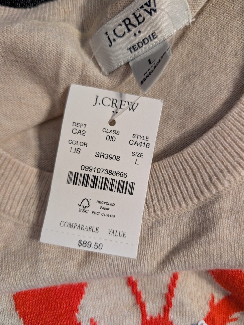 J. Crew Teddie Lobster Sweater, *NWT * Large * Adorable * Light Tan - Picture 3 of 3